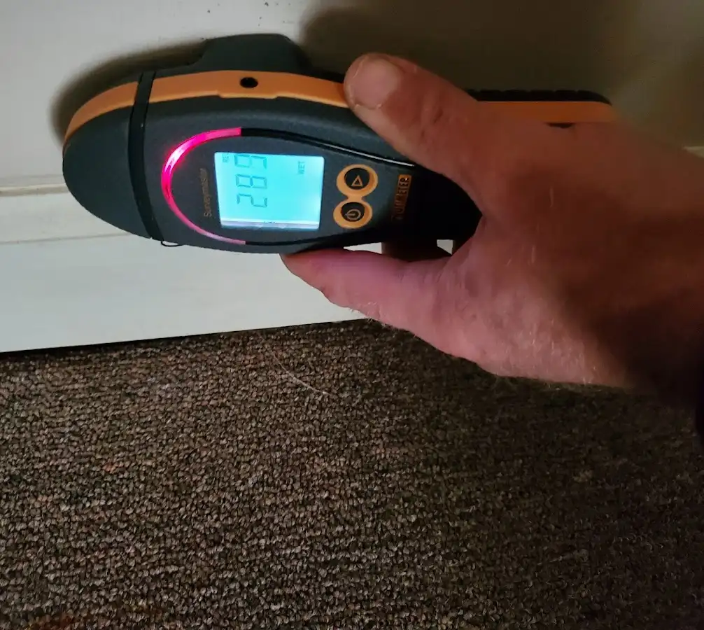 Moisture detection at baseboard during Storm Damage Restoration in Brownstown